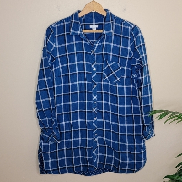 J. Jill | Blue Plaid Tunic Button Down Shirt - Picture 1 of 4